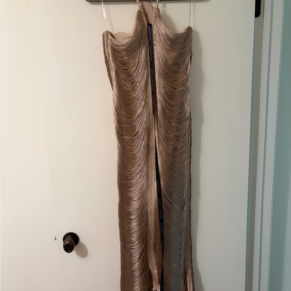Rare London Gold Fringe Detail Halter Maxi Dress - Picture 3 of 4